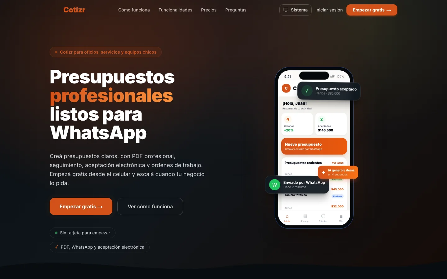 Landing oficial de Cotizr con una vista móvil de su sistema de presupuestos
